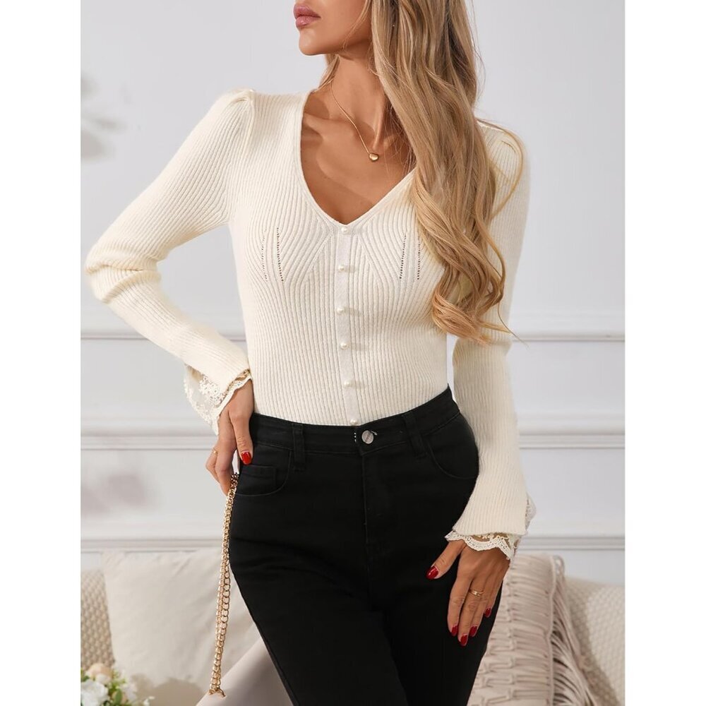 Women's Ribbed Knit V-Neck Sweater Large Fall Casual Dressy Outfits - Picture 5 of 7